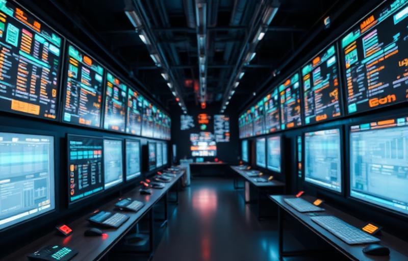High-tech logistics control center with glowing screens